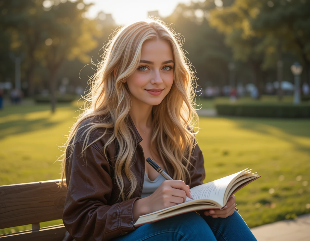 Luna Valverde escribiendo en su cuaderno mientras disfruta del atardecer en Parque México, con una expresión tranquila y pensativa.